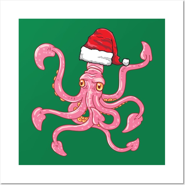 Santa Hat-Wearing Pink Squid Funny Christmas Holiday Wall Art by Contentarama